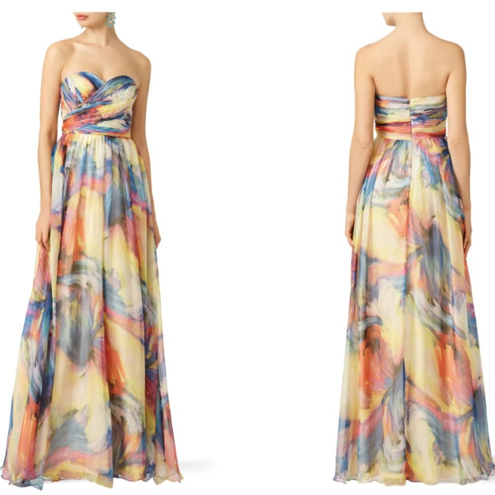 Slate & Willow Watercolor Stroke Strapless Gown Dress 100% Silk Size 0 PROM